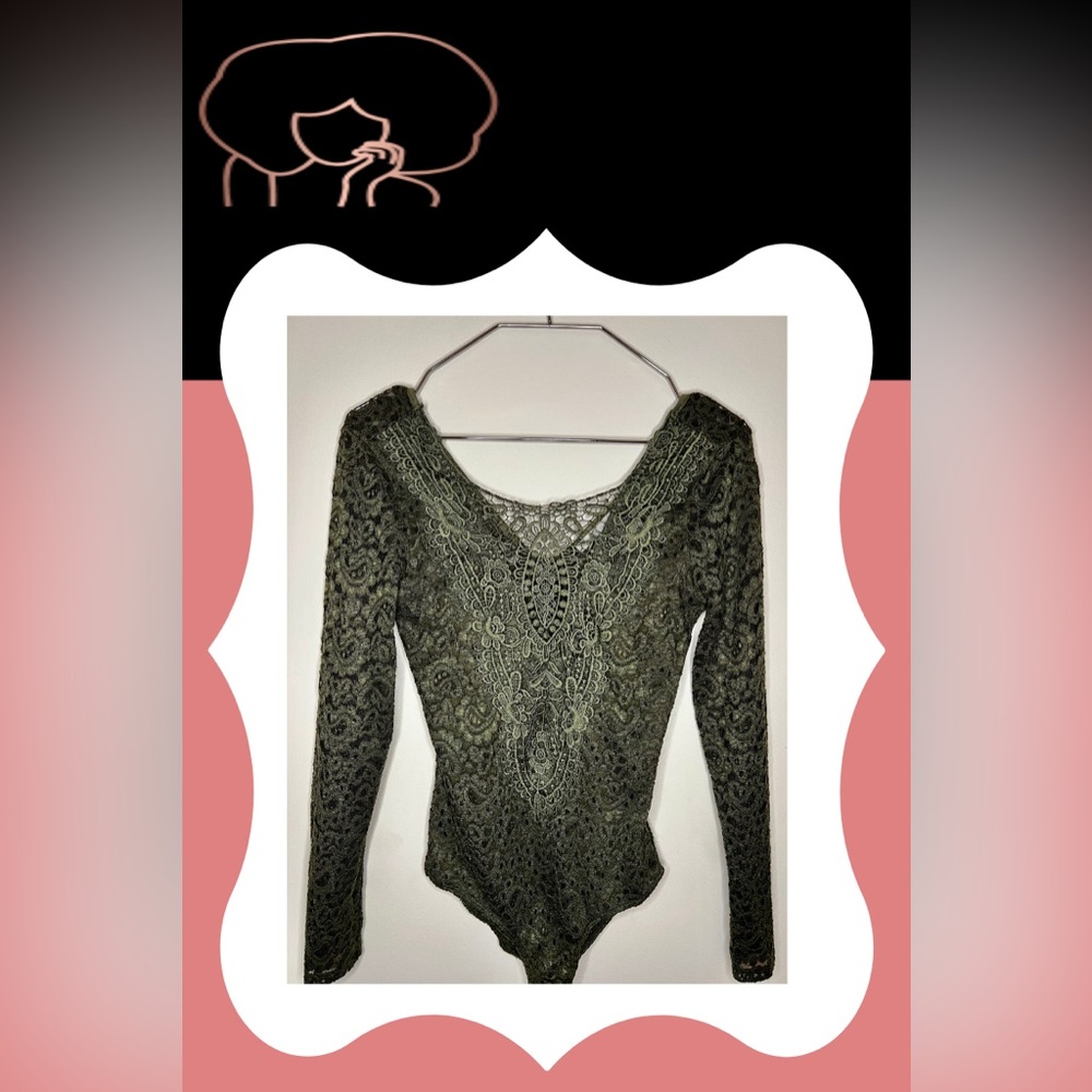 Small Olive Green Paisley Lace Fun and Flirty Bodysuit by Charlotte Russe